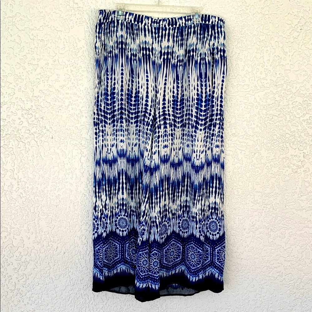 V Cristina palazzo Blue ikat Patterned wide leg pants boho style size XL
